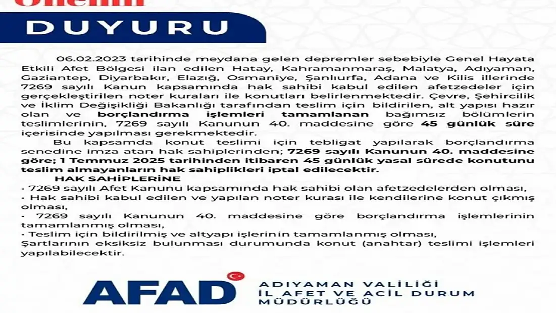 ÖNEMLİ DUYURU: 45 Gün içinde teslim almayanların Hak Sahipliği iptal edilecek