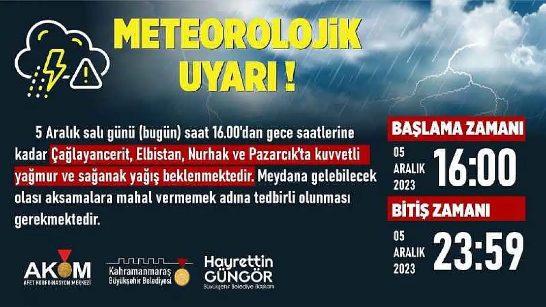 Meteorolojiden Kahramanmaraş İçin Sağnak Yağış Uyarısı