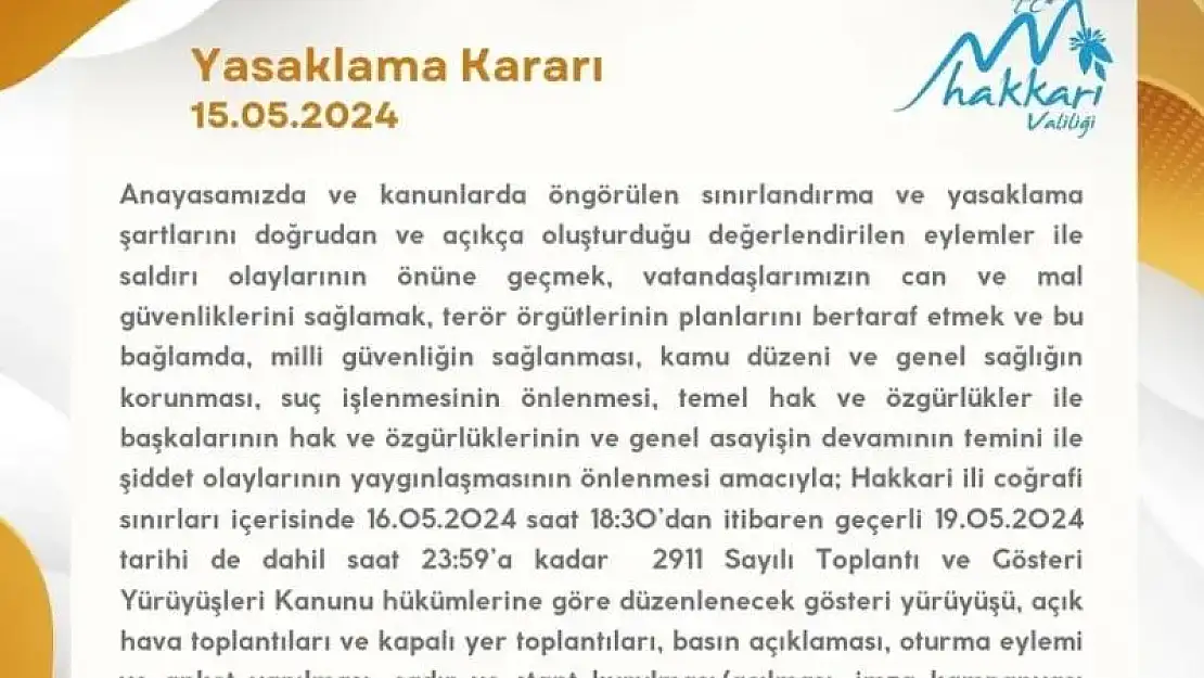 Hakkari Valiliğinden eylem ve etkinlikleri yasaklama kararı