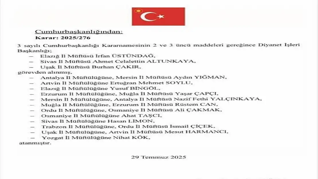 3 İlin Müftüsü görevden alındı 12 ile yeni müftüler atandı