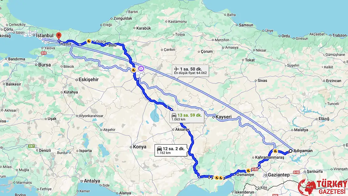 Adıyaman Kocaeli arası kaç km? Otomobil, tren, otobüs ve uçakla kaç saat?