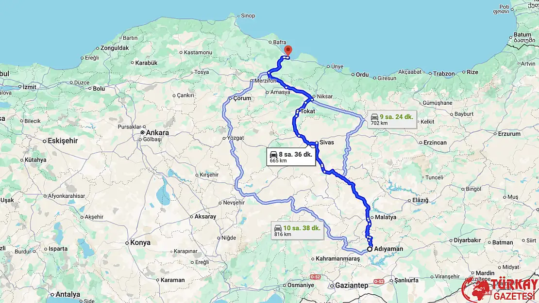 Adıyaman Samsun arası kaç km? Otomobil, tren, otobüs ve uçakla kaç saat?