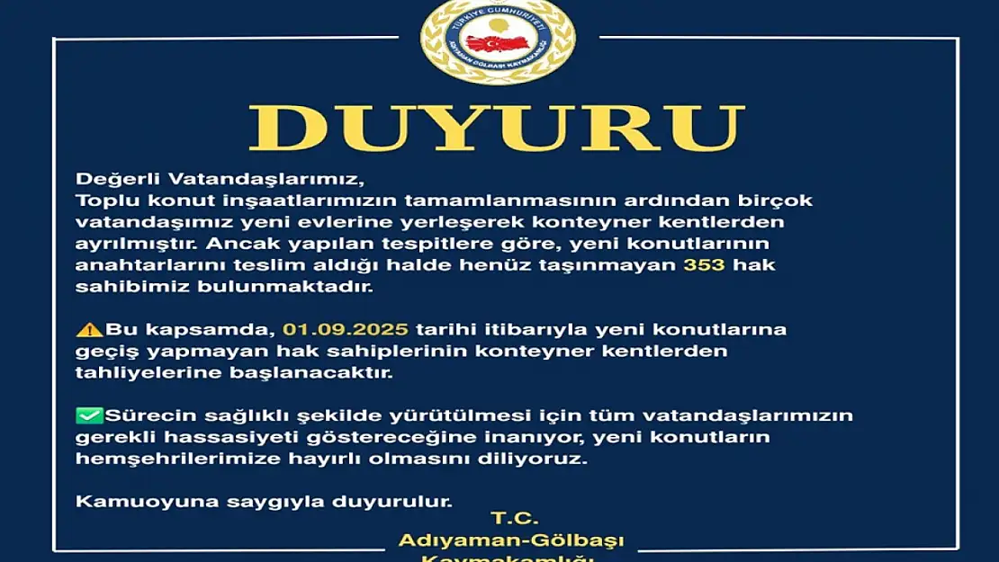 Gölbaşı Kaymakamlığı Uyardı: 1 Eylül'de konteynerler boşaltılacak