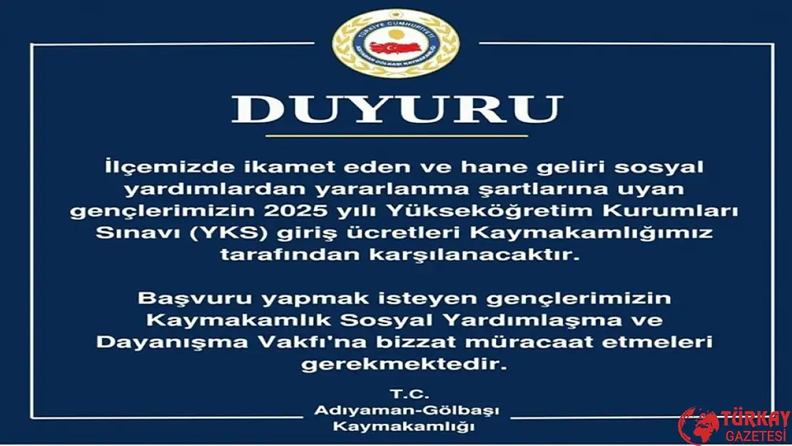 Gölbaşı Kaymakamlığından YKS Ücreti desteği