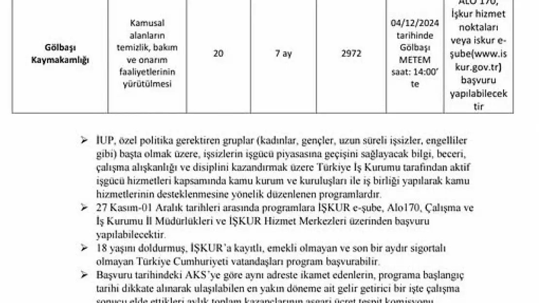 Gölbaşı'nda İŞKUR tarafından geçici süreli işçi alımı yapılacak