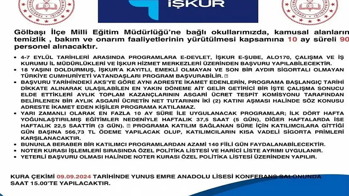 Gölbaşı'nda İŞKUR üzerinden kurayla 90 personel alımı yapılacak