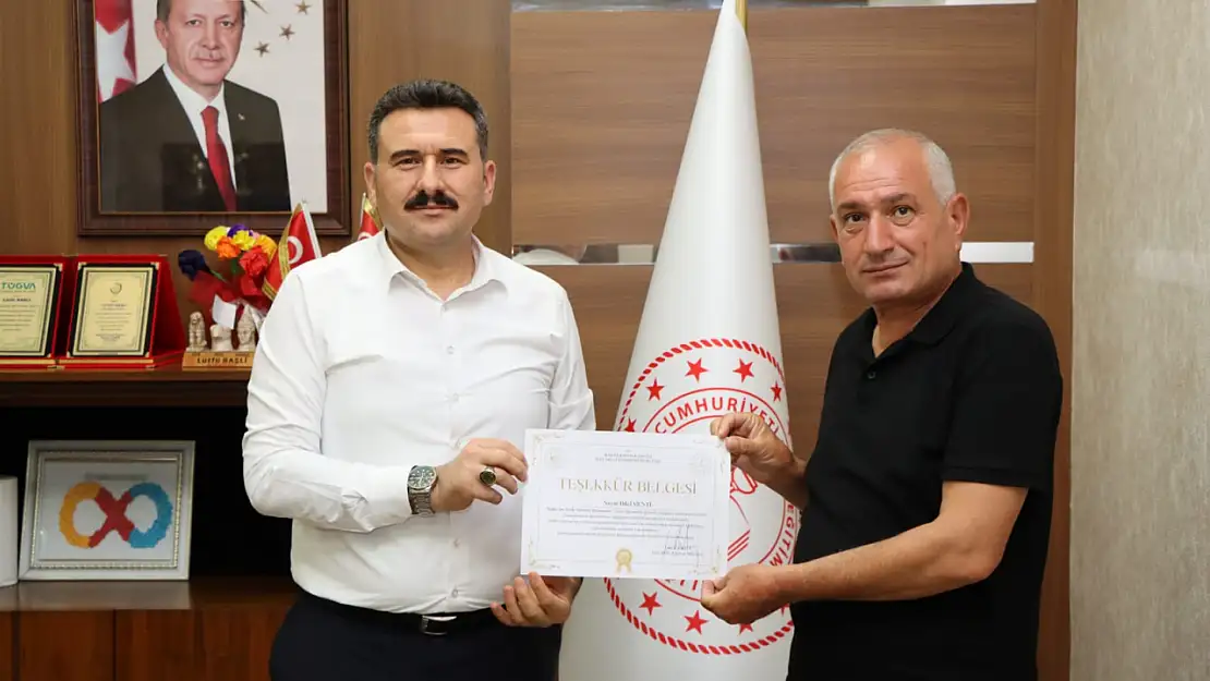 Mente'ye Kahta İlçe Milli Eğitim Müdürlüğünden Teşekkür Belgesi