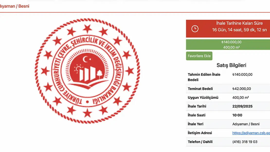 Milli Emlak Adıyaman Besni'de 140 bin TL'ye arazi satıyor