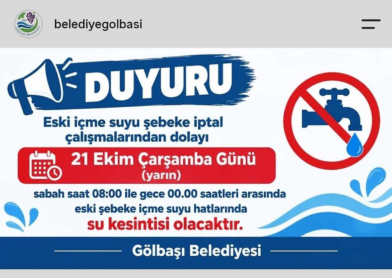 Gölbaşı Belediyesinden su kesintisi uyarısı