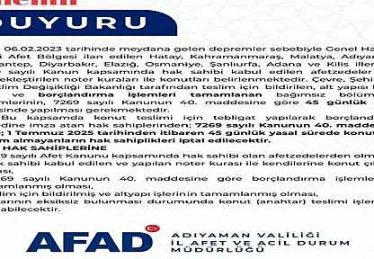 ÖNEMLİ DUYURU: 45 Gün içinde teslim almayanların Hak Sahipliği iptal edilecek