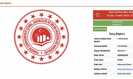 Milli Emlak Adıyaman Besni'de 140 bin TL'ye arazi satıyor