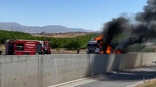 Malatya'da bariyerlere çarpan tır alev aldı