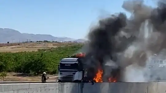 Malatya'da bariyerlere çarpan tır alev aldı