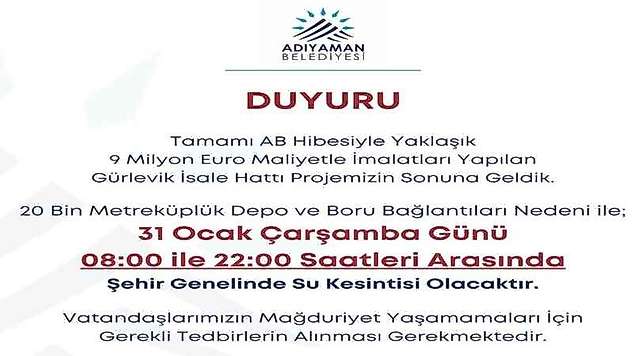 Adıyaman'da Su kesintisi uyarısı 