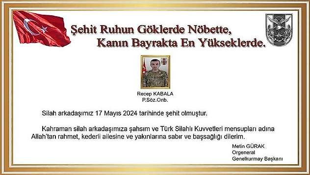 Pençe-Kaplan Operasyonu bölgesinde bir askerimiz şehit oldu