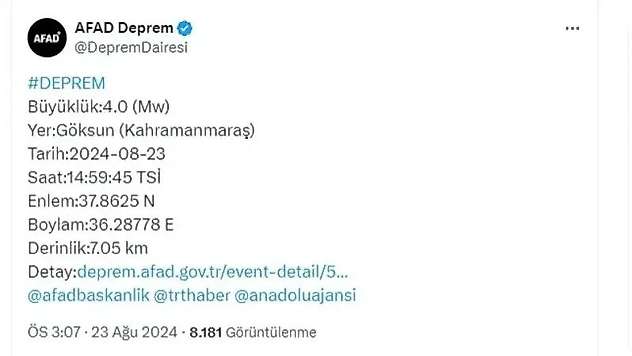 Kahramanmaraş'ta 4 büyüklüğünde deprem
