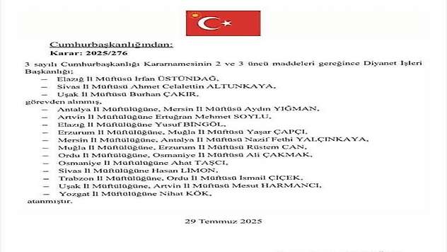 3 İlin Müftüsü görevden alındı 12 ile yeni müftüler atandı
