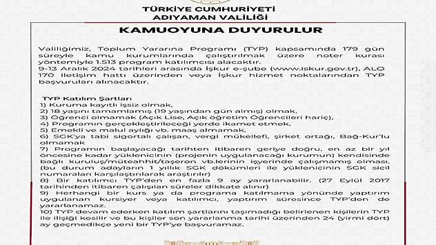 Adıyaman'da TYP Kapsamında Bin 513 kişi işe alınacak