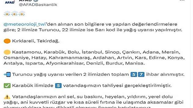 AFAD, 2 ilde turuncu, 22 ilde ise sarı kod ile yağış uyarısı yaptı