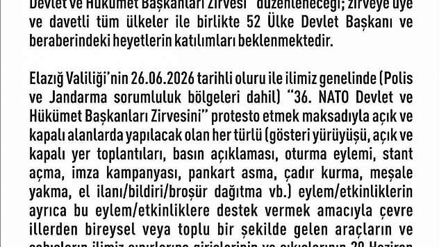 Elazığ'da 14 günlük eylem yasağı