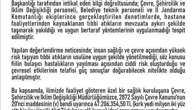 Elazığ'da özel bir hastaneye 47 milyon lira ceza kesildi