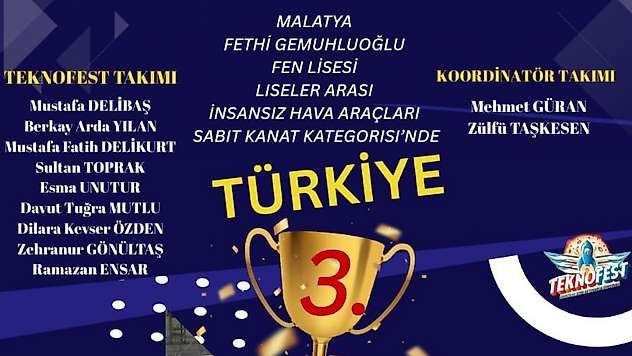 Fethi Gemuhluoğlu Fen Lisesi TEKNOFEST'te Türkiye üçüncüsü oldu