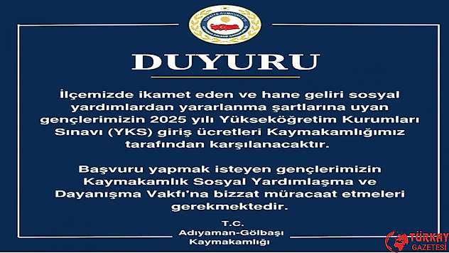 Gölbaşı Kaymakamlığından YKS Ücreti desteği