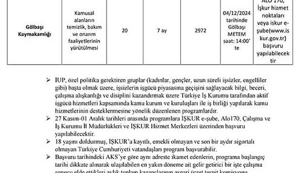 Gölbaşı'nda İŞKUR tarafından geçici süreli işçi alımı yapılacak