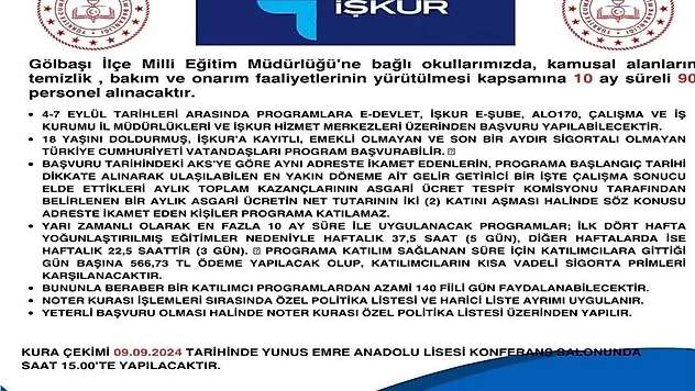 Gölbaşı'nda İŞKUR üzerinden kurayla 90 personel alımı yapılacak