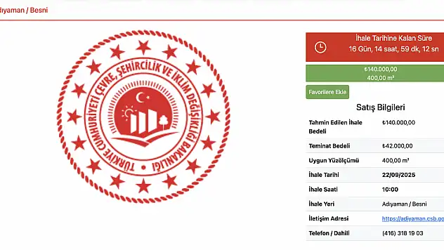 Milli Emlak Adıyaman Besni'de 140 bin TL'ye arazi satıyor