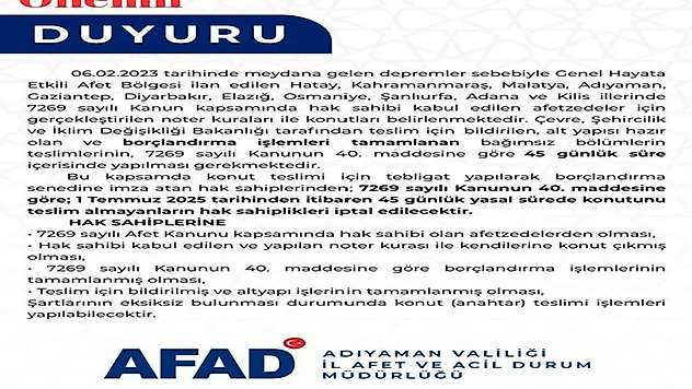 ÖNEMLİ DUYURU: 45 Gün içinde teslim almayanların Hak Sahipliği iptal edilecek