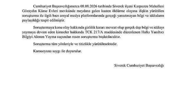 Siverek Cumhuriyet Başsavcılığından 'gerçeği yansıtmayan bilgi' uyarısı