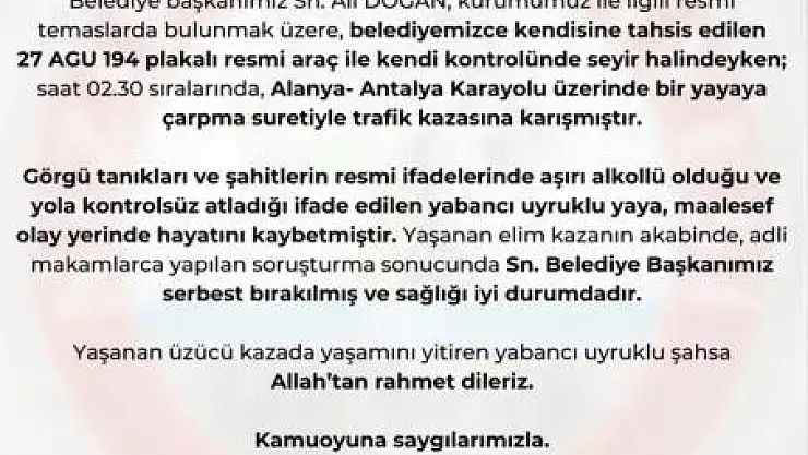 Nizip Belediye Başkanı Doğan'ın çarptığı yaya hayatını kaybetti
