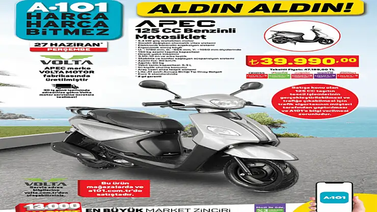 A101 27 HAZİRAN 2024 AKTÜEL KATALOG: Bu hafta A101 aktüelde Apec marka benzinli motosiklet, televizyon, fırın, çamaşır makinası, buzdolabı...