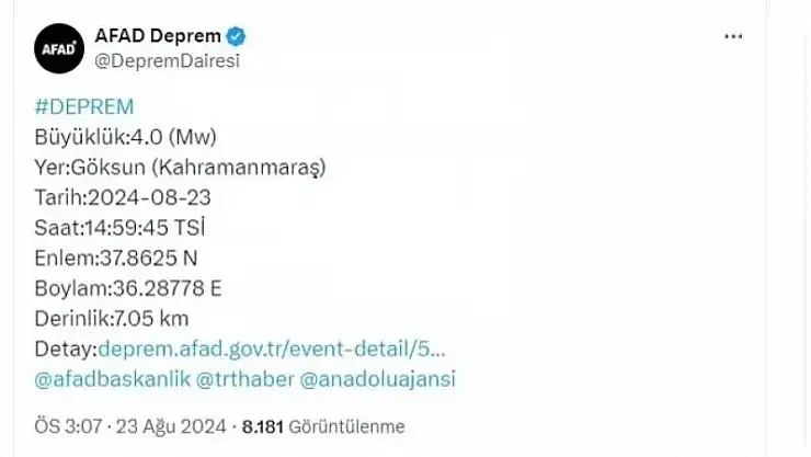 Kahramanmaraş'ta 4 büyüklüğünde deprem