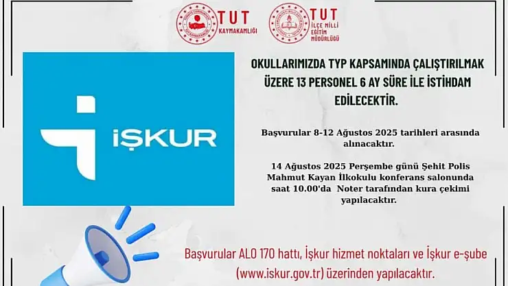 Adıyaman Tut MEB TYP personel alımı yapılacak