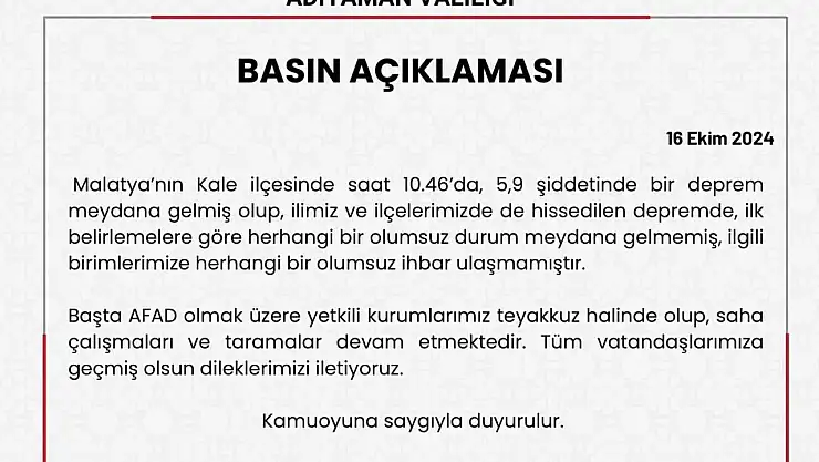 Adıyaman Valiliğinden deprem açıklaması