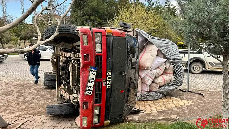 Fıstık kabuğu yüklü kamyon devrildi