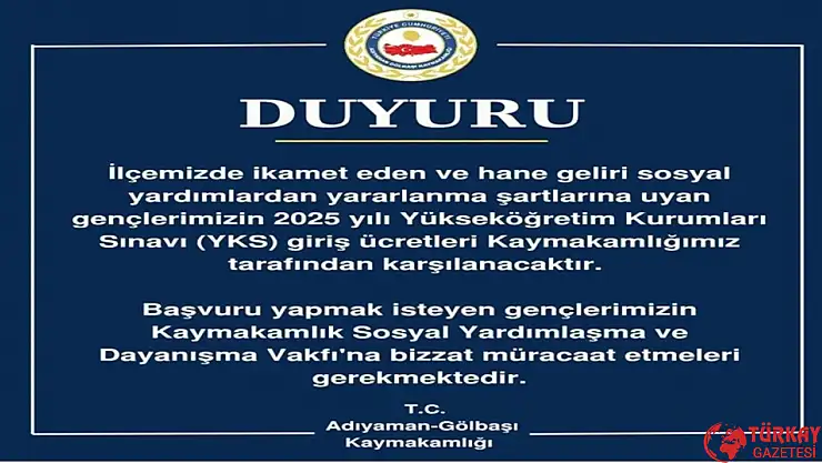Gölbaşı Kaymakamlığından YKS Ücreti desteği