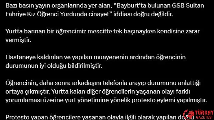 KYK, Bayburt'ta yurtta cinayet işlendiği iddiasını yalanladı