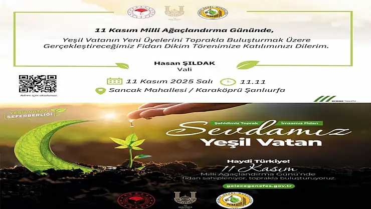 Vali Şıldak'tan 11 Kasım Milli Ağaçlandırma Günü etkinliğine davet