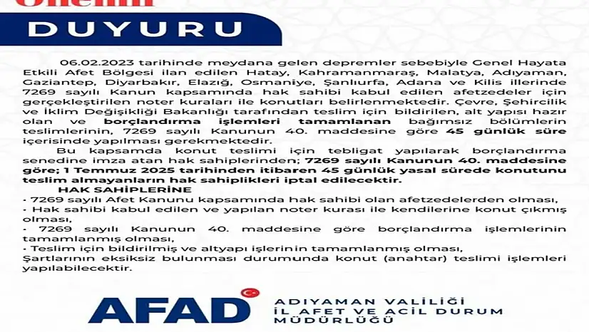 ÖNEMLİ DUYURU: 45 Gün içinde teslim almayanların Hak Sahipliği iptal edilecek