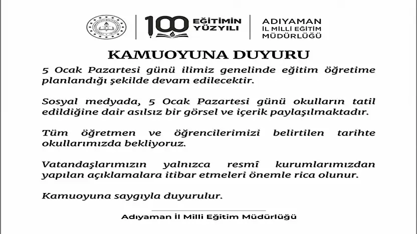 Adıyaman Milli Eğitim Müdürlüğünden önemli duyuru: Okullar 5 Ocak'ta açık olacak