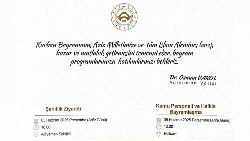 Adıyaman Valiliği Kurban Bayramı programını duyurdu