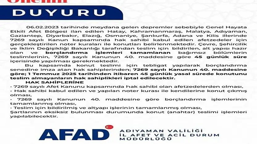 ÖNEMLİ DUYURU: 45 Gün içinde teslim almayanların Hak Sahipliği iptal edilecek