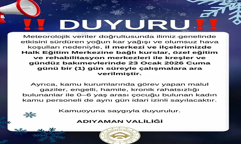 Adıyaman'da Kurs ve Eğitim merkezleri bir gün tatil edildi